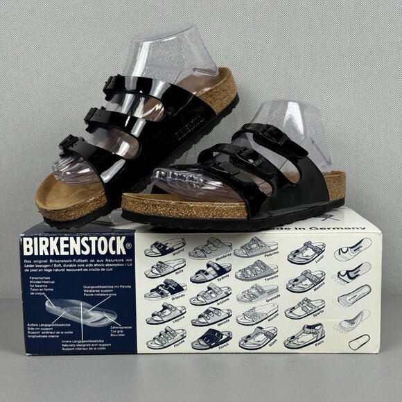 Birkenstock Florida Sandals Women 38 US 7 Black Patent Birko Flor 3 Strap Slides - Picture 9 of 11